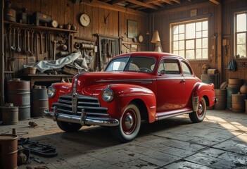 shiny red classic car, inside old workshop, vintage style