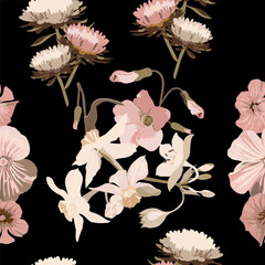 Seamless floral pattern in peach tones bouquets of different flowers on a black background