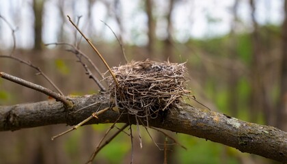 Fototapeta premium 벌목된 숲 근처에 남아 있는 나뭇가지 위 작은 새둥지