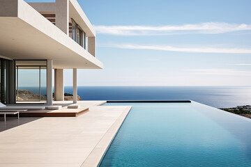 Obraz premium A minimalist villa featuring a pool and an expansive ocean view on the horizon 