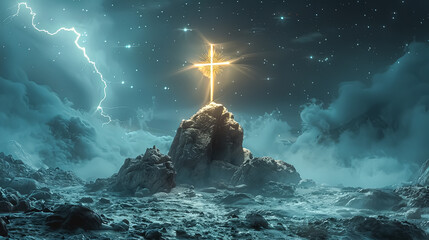 Cross is lit up in the sky above a rocky mountain. The sky is dark and stormy, with lightning bolts streaking across the sky. The scene is dramatic and intense