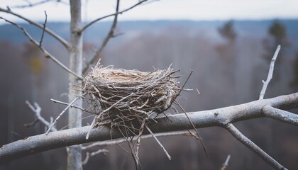 벌목된 숲 근처에 남아 있는 나뭇가지 위 작은 새둥지