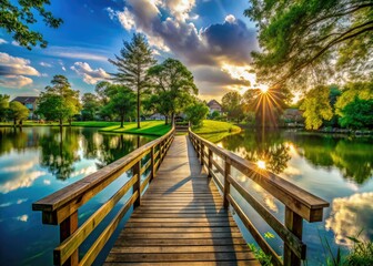 Fototapeta premium Picturesque Conroe neighborhood: pond bridge, fishing pier, idyllic waterfront photography.