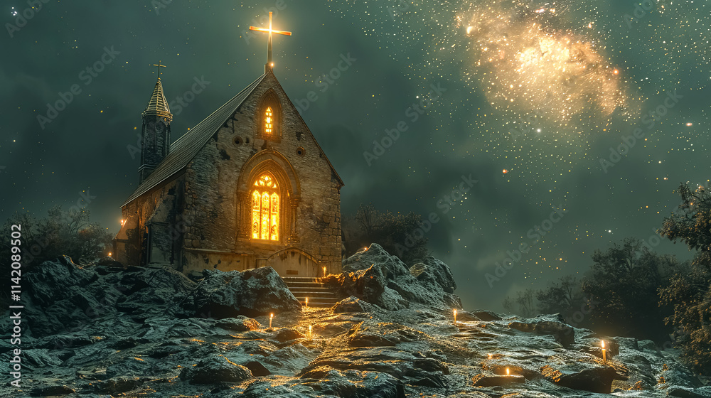 Canvas Prints church with a cross on top of it is lit up in the dark. the scene is set in a snowy landscape