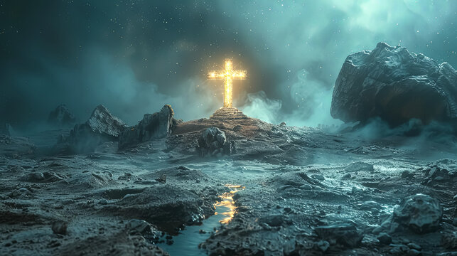 Cross is lit up in the sky above a rocky mountain. The sky is dark and stormy, with lightning bolts streaking across the sky. The scene is dramatic and intense - Powered by Adobe