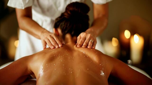 Wellness center staff providing a soothing back massage with a hydrating scrub, enhancing relaxation during a rejuvenating spa treatment