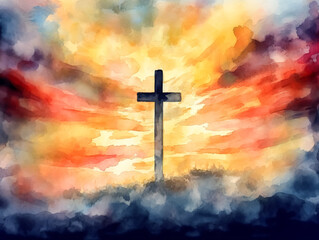 Obraz premium Painting of a cross with a sun in the sky. The sky is filled with clouds and the sun is shining brightly. The painting has a peaceful and serene mood, with the cross representing hope