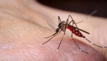 Close-Up of Mosquito Feeding on Human Skin with Blood-Filled Abdomen. Detailed View of Insect Anatomy, Disease Vector Behavior, and Public Health Concept for Malaria, Dengue, and Zika Awareness