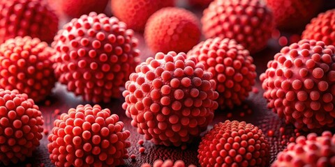 Microscopic food photography reveals a red virus pattern, highlighting COVID-19 food safety and healthy eating habits for infectious disease prevention.