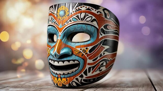 A vibrant and intricate tiki mask design featuring bold colors and intricate patterns is brought to life on a striking purple background through the use of advanced digital technology