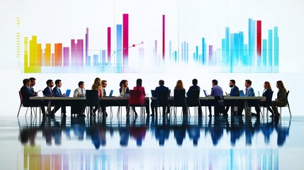 A diverse group of business representatives from various nations engaged in a collaborative discussion around a modern conference table. Laptops and digital displays show detailed economic graphs