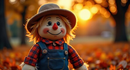 A stuffed figure dressed as a farmer, surrounded by golden fireflies in an autumn-themed setting. HD image with a navy and white color palette, perfect for fall vibes.