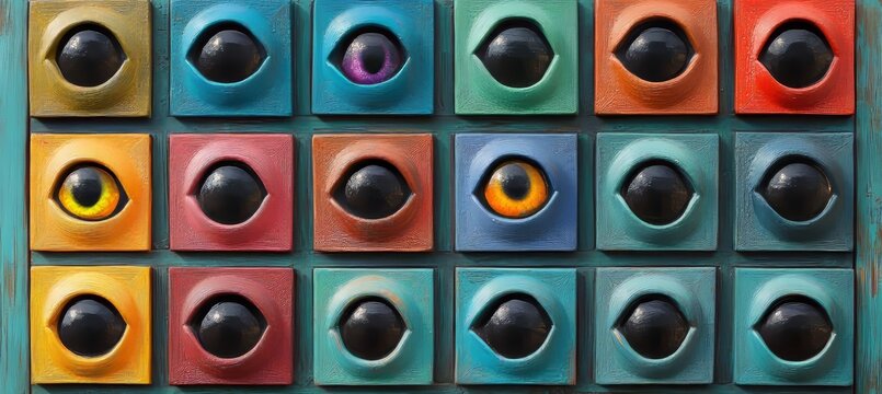 Colorful, Textured Array of Gazing Eyes, Mystery and Surveillance in Art Installation