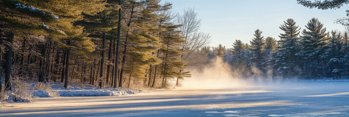 Tranquil Frozen Lake in Snowy Forest