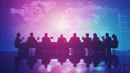 Representatives from various countries engaging in a roundtable discussion about global markets, prominent charts and graphs displayed. A world map in a background, collaboration and global unity