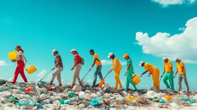 Diverse activists cleaning up a polluted beach, determined expressions of people standing out against the debris. The teamwork, environmental action, a strong commitment to fighting climate change