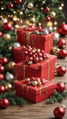 Background with Christmas box and balls on a table, cozy room, festive centerpiece, holiday decor