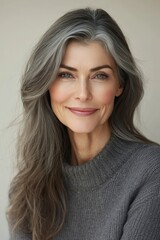 Obraz premium Portrait of a beautiful woman with gray hair, smiling woman with perfect skin on light background
