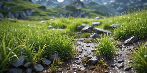 Alpine grass heavy with moisture after a spring shower, foliage, spring shower