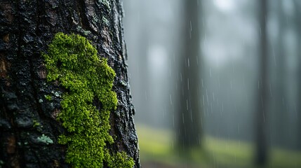 Obraz premium Mossy Tree Trunk In Rainy Forest Scene