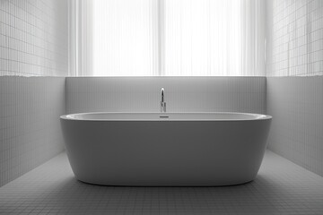 A serene monochromatic bathroom with a stunning white soaking tub, minimalist fixtures, and a calming atmosphere.