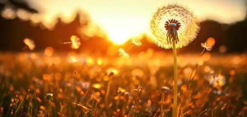 Beautiful Sunset over Dandelion Field with Glowing Seeds Flying in the Warm Breeze, Capturing the Essence of Nature's Serenity and Tranquility in Evening Light