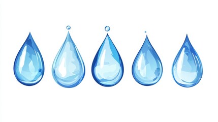 The image shows five water droplets of varying sizes and shapes, each with a smaller droplet below it. The droplets are depicted in a gradient of blue shades, giving a sense of transparency and fluidi