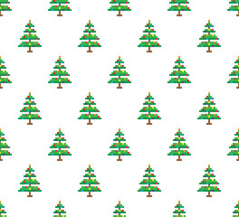 pixel christmas tree Seamless Pattern vector winter background pixel art for 8 bit game