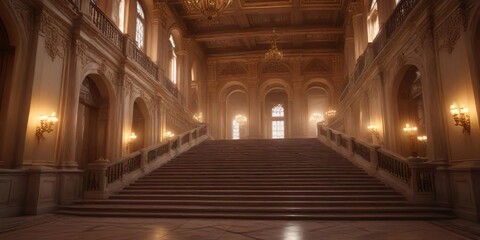 Obraz premium The palace's grand staircase at dawn with soft lighting, dawn, palace