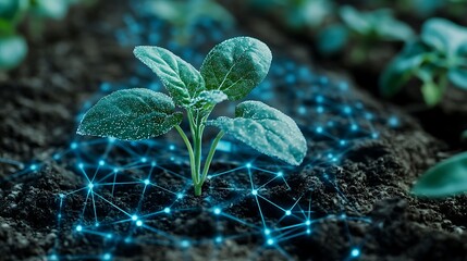 Green Plant Growing in Soil Connected by Digital Network Lines Representing Technology and Nature Harmony