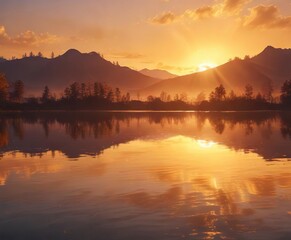 Fototapeta premium Sunset over a serene lake with abstract golden bokeh background, golden bokeh background, serene lake