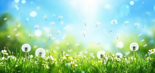 Obraz premium Bright and Dreamy Scenic View of Dandelions in Bloom with Soft Blue Sky and Gentle Breeze, Creating a Tranquil Atmosphere in a Fresh Green Field
