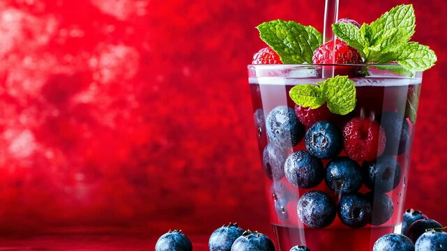 Refreshing summer drink with fresh blueberries and raspberries garnished with mint on a vibrant red background