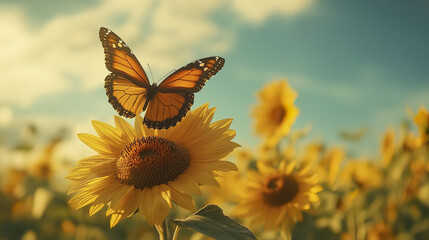 Obraz premium monarch butterfly gracefully lands on vibrant sunflower field, showcasing nature beauty