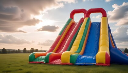 Colorful inflatable slides on a grassy field with a cloudy sky in the background