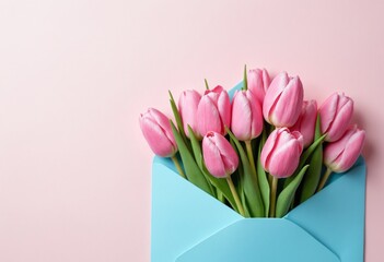 Celebrate Women’s Day, Mother’s Day, Spring, and Valentine’s Day. Pink Tulip Bouquet with Blue Envelope for Messages of Love