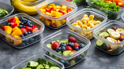 Plastic food container box with lunch salad vector icon set. Meal storage box with vegetable and fruit salad in glass bowl with cover. Takeaway or leftover mealtime with banana, porridge and macaroni