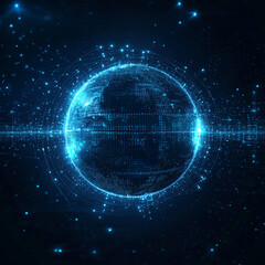 Digital representation of a glowing globe surrounded by data points against a dark background