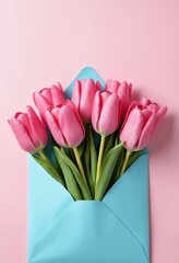 Celebrate Women’s Day, Mother’s Day, Spring, and Valentine’s Day. Pink Tulip Bouquet with Blue Envelope for Messages of Love