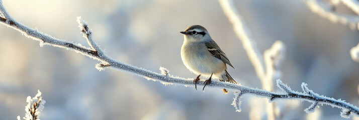 Small Bird Perched on Frost-Covered Branch in Winter
