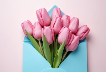 Fototapeta premium Celebrate Women’s Day, Mother’s Day, Spring, and Valentine’s Day. Pink Tulip Bouquet with Blue Envelope for Messages of Love