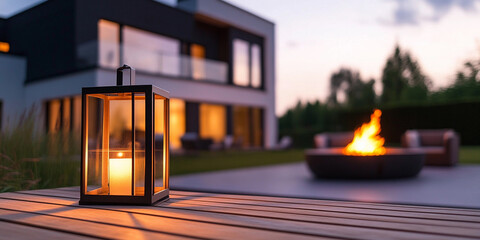 Lantern shines beside cozy outdoor fire at dusk