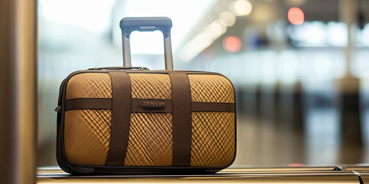 Stylish travel bag at a busy airport terminal
