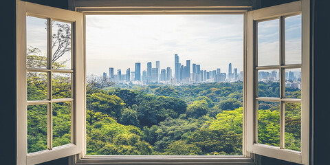 Urban skyline seen from an open window surrounded by trees