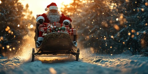 Santa Claus riding red sleigh in snow-covered forest, loaded with Christmas presents, golden sunlight, festive charm, magical holiday tradition, joyful winter scene, seasonal celebration.