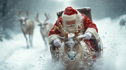 Santa Claus riding sleigh with reindeer in snow-covered forest, golden sunlight, magical Christmas tradition, festive holiday charm, seasonal celebration, joyful winter moment.