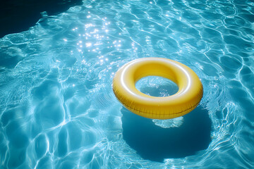 Yellow Inflatable Ring Floating in Sparkling Blue Water. Generative AI