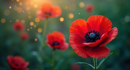 Obraz premium A vibrant red poppy flower on a delicate green stem, symbolizing remembrance, bathed in warm party lights and golden fireflies for a solemn yet beautiful effect.