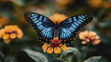 Fototapeta premium vibrant blue butterfly perched on yellow flower in garden