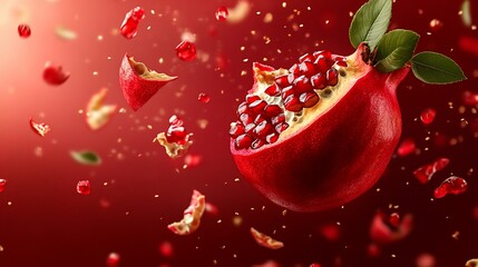 Exploding pomegranate with seeds and peel pieces levitating against a red background.